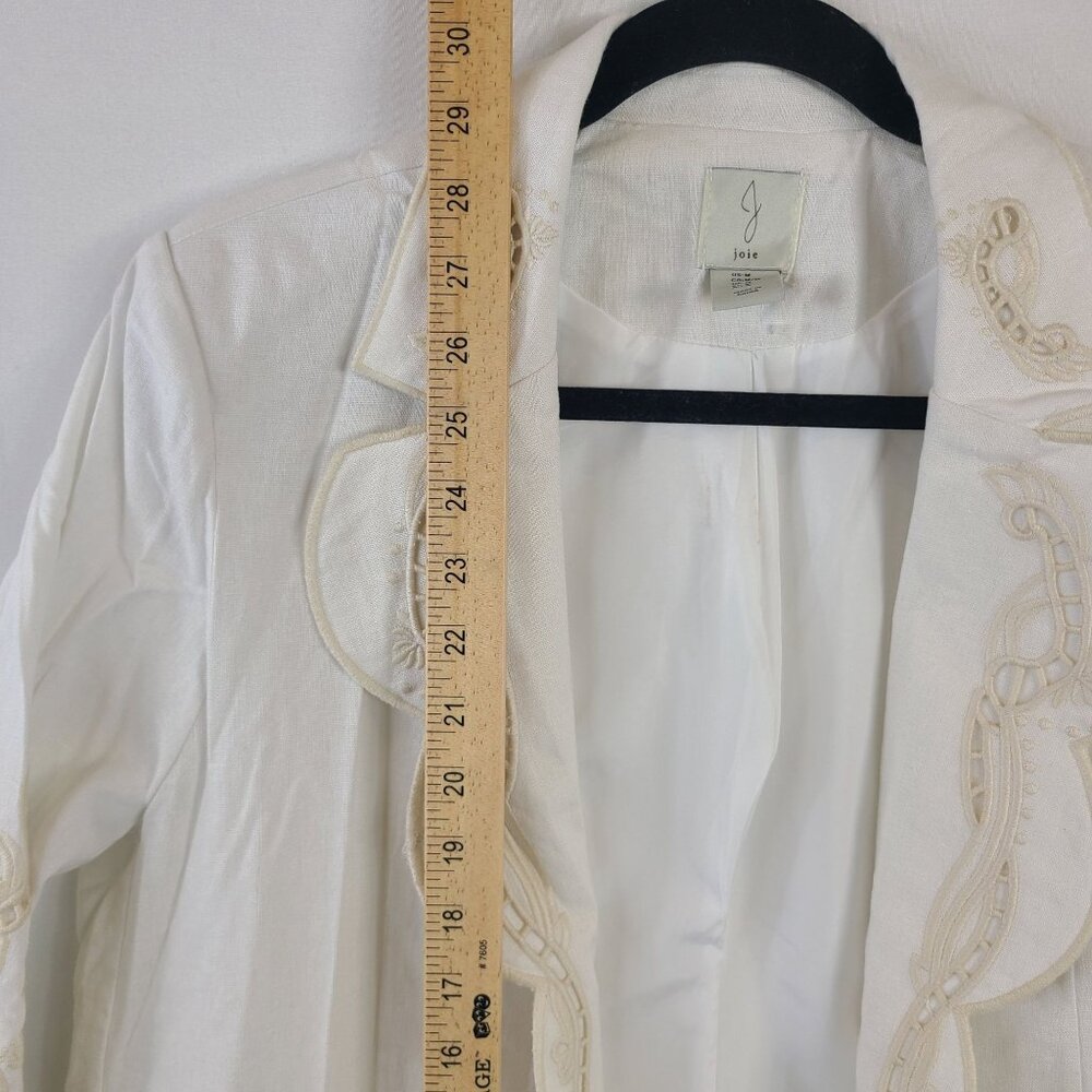 New Joie White Linen Blend Scalloped Blazer Floral Embroidery Open Front SZ M - Picture 9 of 10